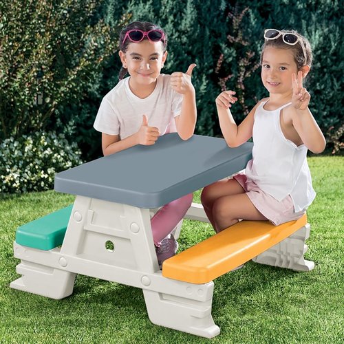 DOLU: Picnic Table for 4: White, Green, Yellow - Indoor/Outdoor, Bench Seating, Durable Waterproof Plastic Toy, 30.3 x 28 x 17, Toddler Kids Age 2+