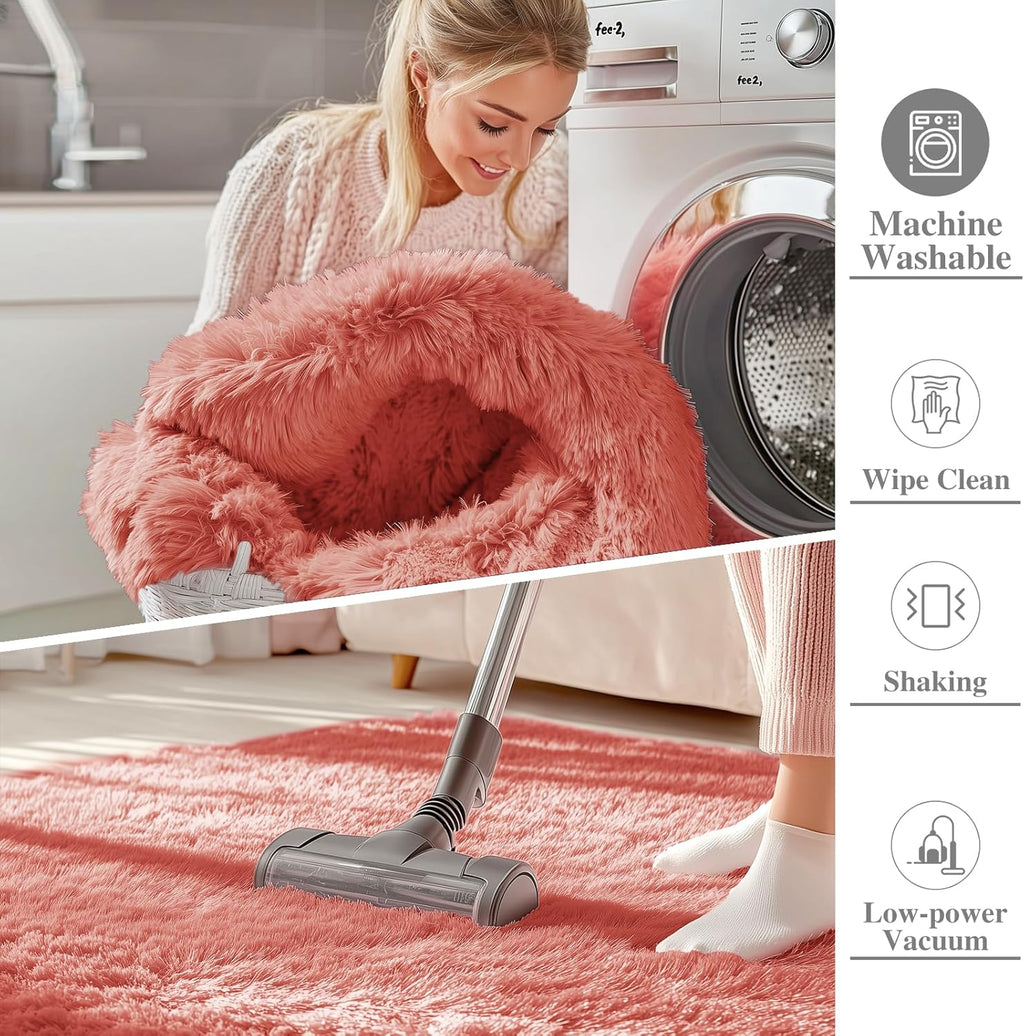 OLANLY Small Bedside Rug - Soft Fluffy Shaggy Carpet for Living Room & Bedroom | Rust Red, Machine Washable