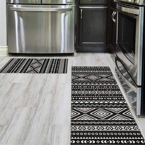 Ideasonna Black Boho Kitchen Rug Mat Decor Black and White Kitchen Rugs Sets of 2 Non-Slip Washable Kitchen Mats for Floor 2 Piece