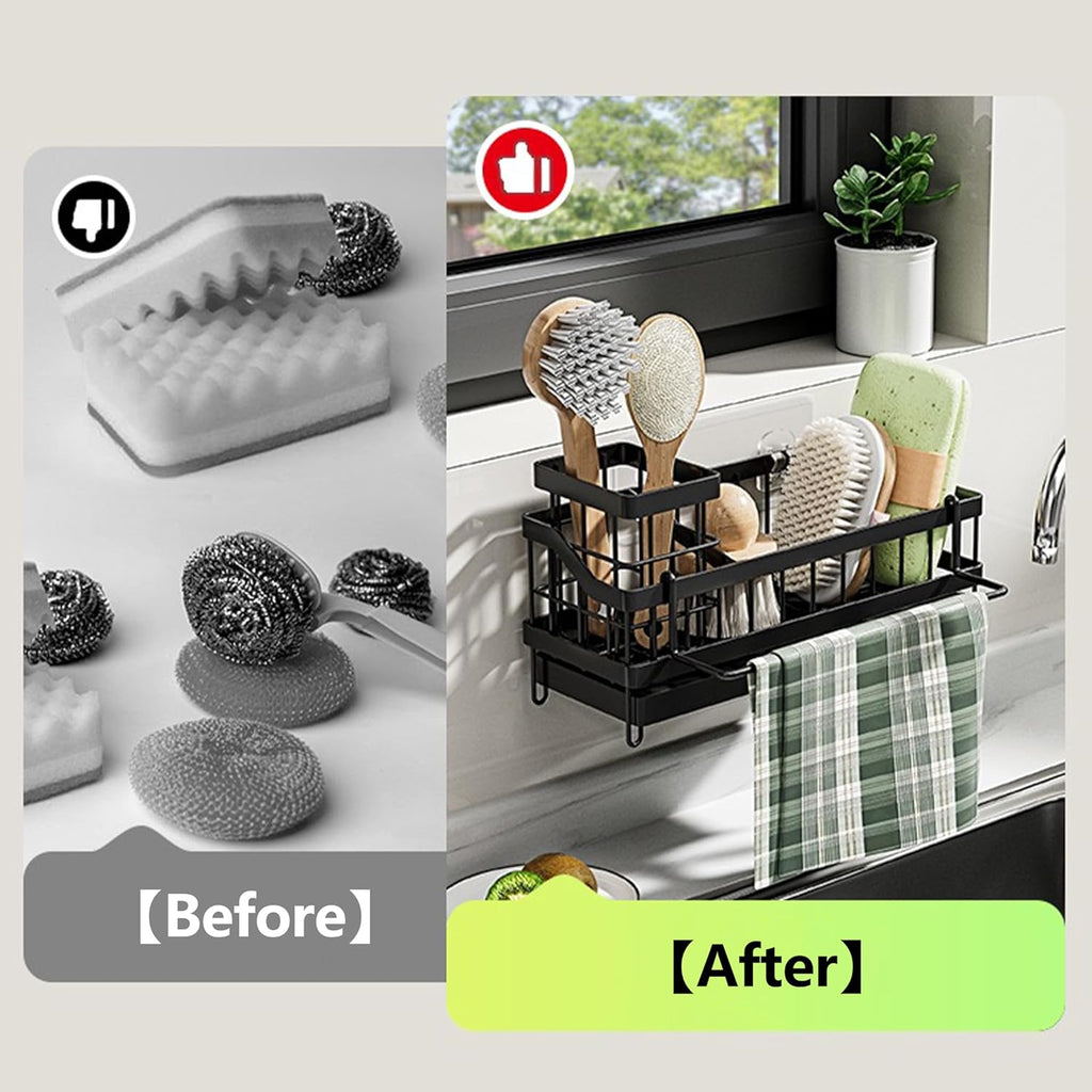 Skiennix Kitchen Sink Caddy Organizer - Rustproof Sponge Holder with Brush & Soap Dispenser | Multi-Functional Countertop Storage