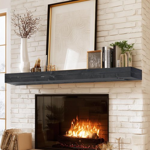 ABSWHLM 56x8x3 Fireplace Mantel - Handcrafted Hollow Rustic Solid Wood Wall Mounted Floating Shelf with Invisible Heavy Duty Wood Bracket (Weathered Black)