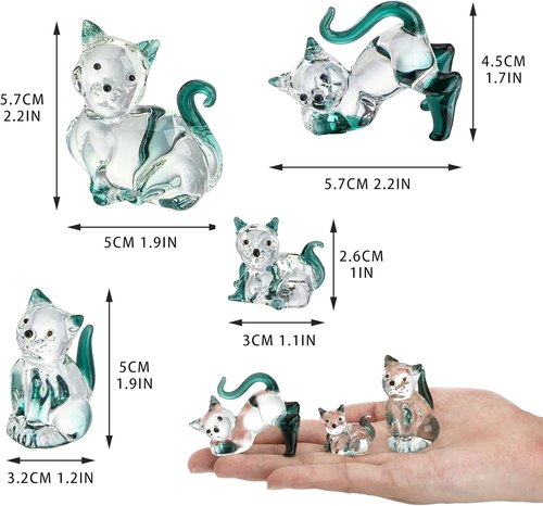 HDCRYSTALGIFTS Blown Glass Cat Figurines - 4 Emerald Green Collectible Kittens for Home Decor