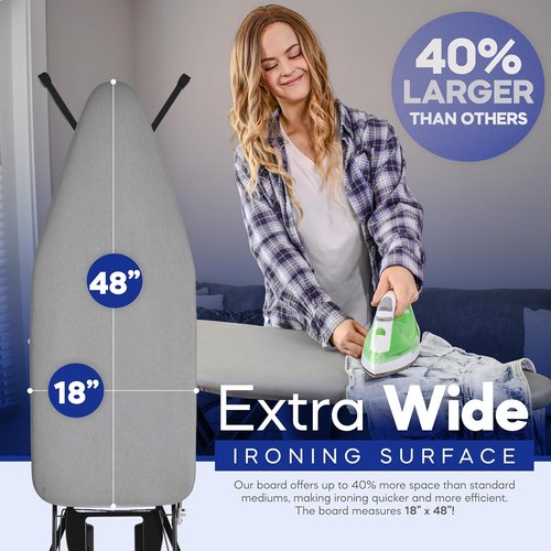 BKTD Extra-Wide Ironing Board - 48"×18" Large Surface with Built-In Clothes Rack & Adjustable Height - Black Grey