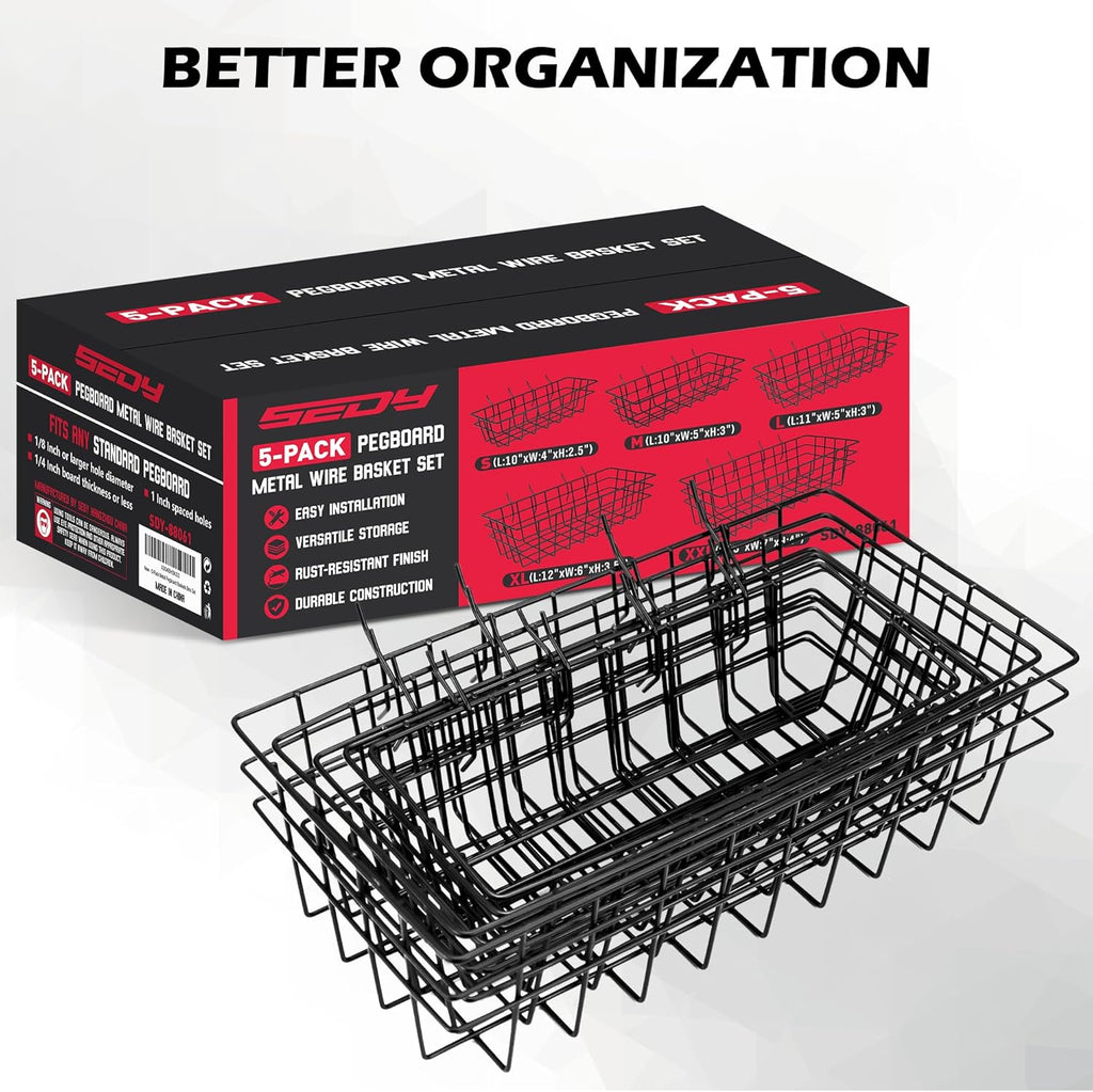 Premium Black Metal Wire Baskets by Pegboard - Heavy-Duty 5-Piece Organizer Set for Garage & Craft Room