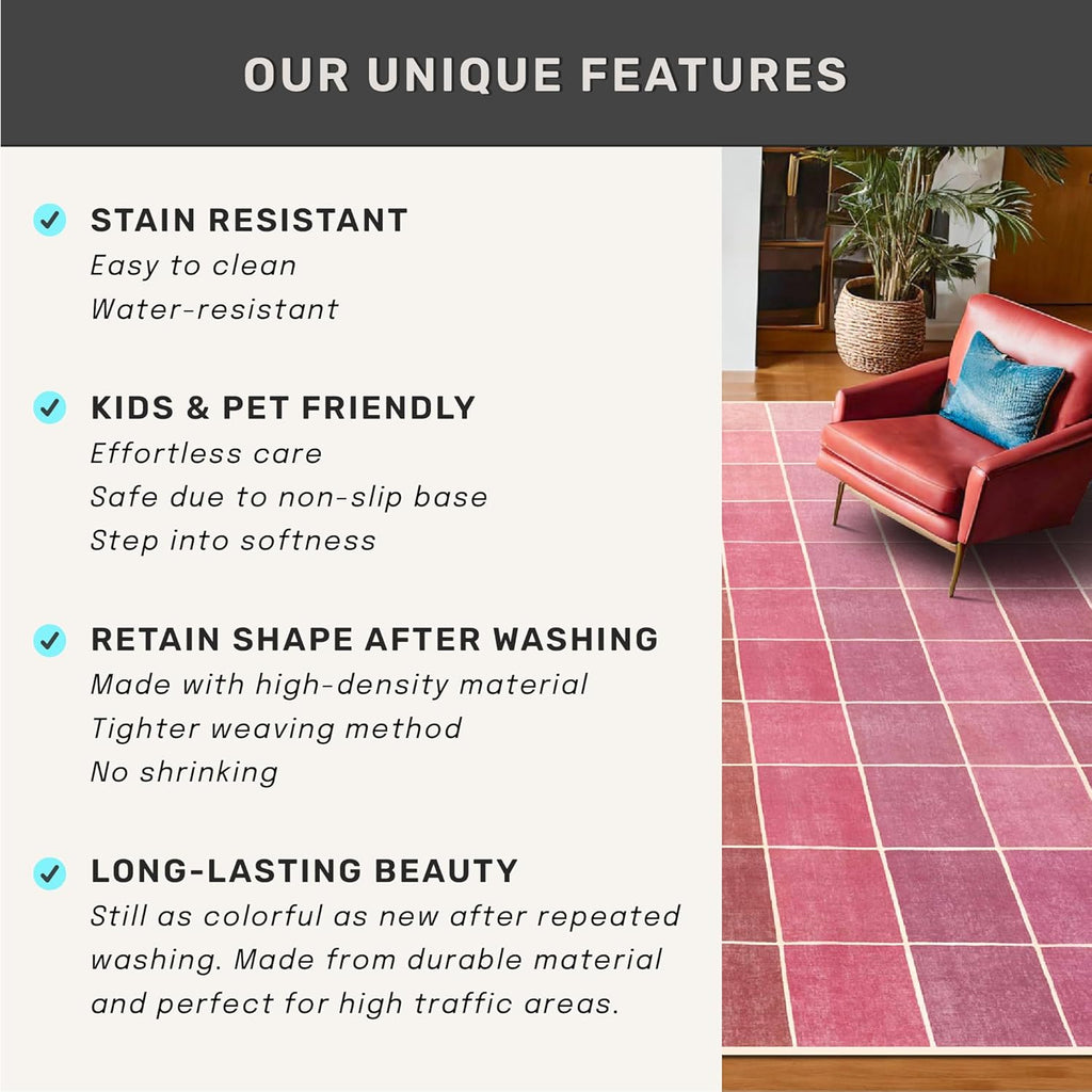 Skiennix Mid Century Modern Ombre Pink Checkered Rug - Washable Non-Slip 2x3 Small Area Rug for Entryway & Kitchen