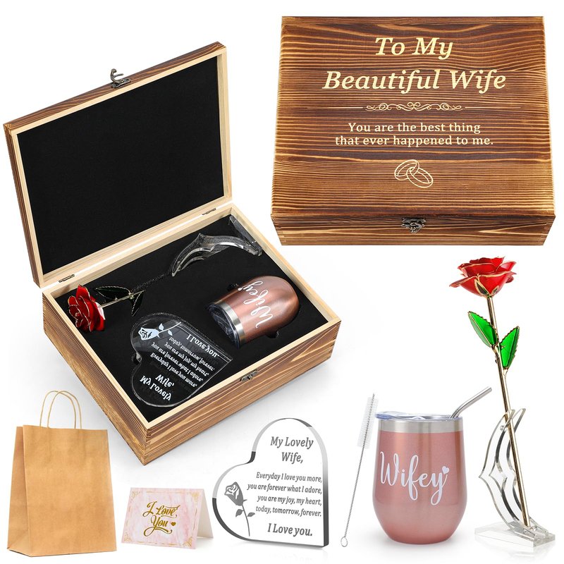 ADEXDO Anniversary Gi fts for Her| Wife, Wife Gift Set with Crystal Engraved Heart, 24K Gold Dipped Rose, Wine Tumbler, Wife Gifts for Anniversary & Birthday