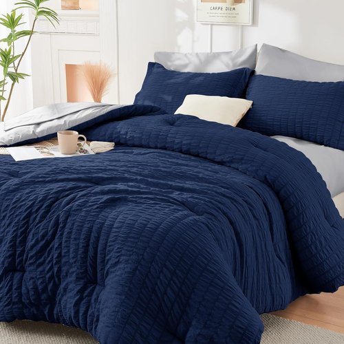 HYMOKEGE Comforter Set - Navy Blue & Light Grey Seersucker | 7-Piece All-Season Luxury Bedding Set