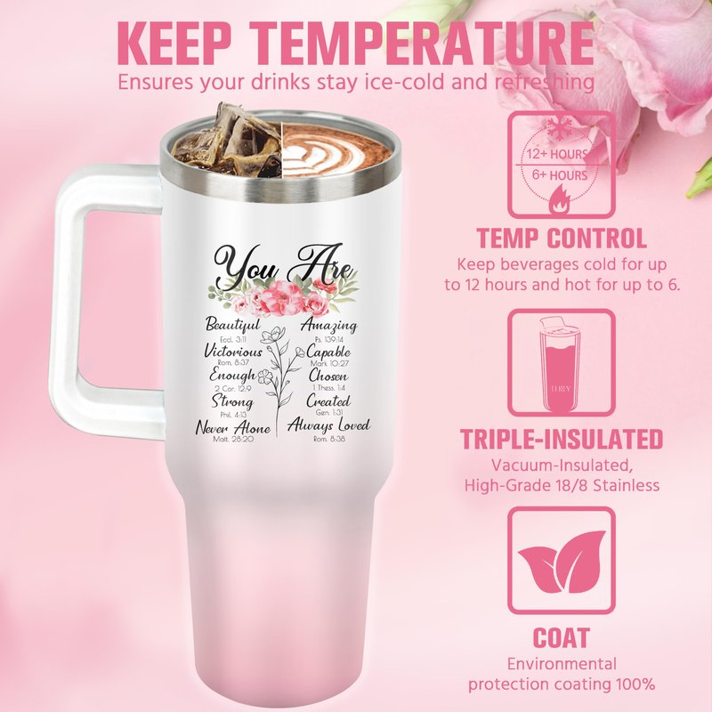Christian Tumbler with Handle and Straw, 40 oz Vacuum Insulated Water Bottle Stainless Steel, Leak Proof Travel Mug, Inspirational Religious Belief Gifts for Her Women Girl Christmas Mothers Day
