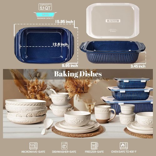 Artena Baking Dish - 5.1 Quart Rectangular Ceramic Casserole Pan with Handles - Blue Bakeware