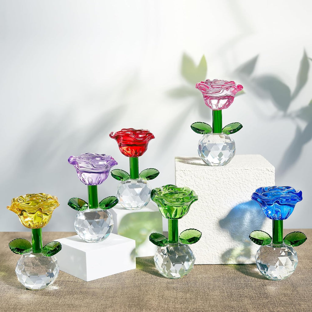 Skiennix Crystal Glass Rose Flowers Figurines - Colorful Blown Glass Centerpieces for Home & Office | 3.5in