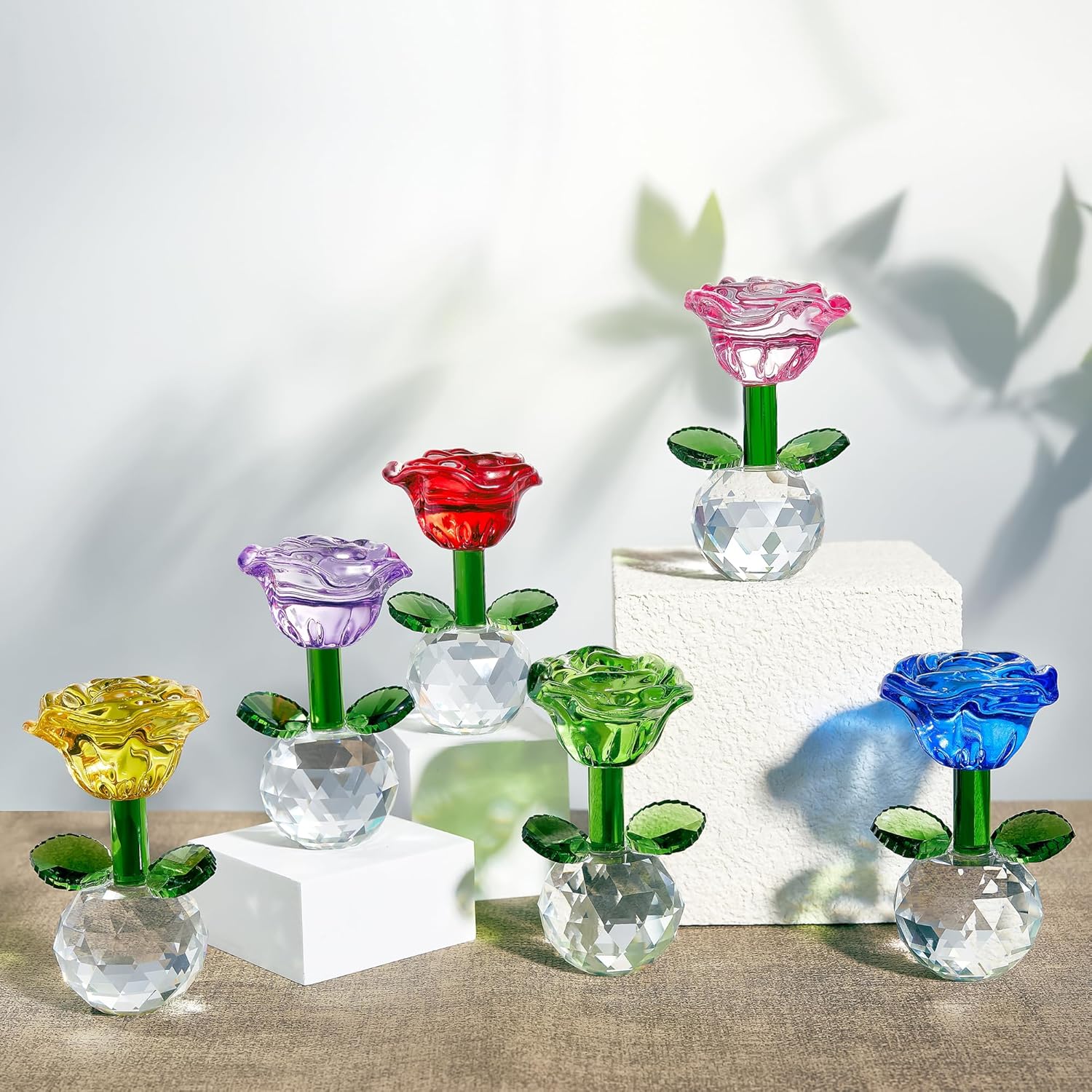 Skiennix Crystal Glass Rose Flowers Figurines - Colorful Blown Glass Centerpieces for Home & Office | 3.5in