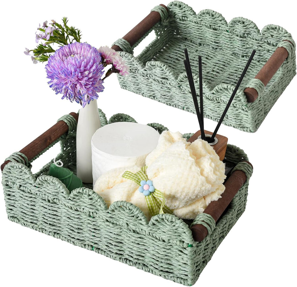 Regine Switzerland Handwoven Toilet Paper Storage Baskets - Set of 2, Scalloped Design, Green