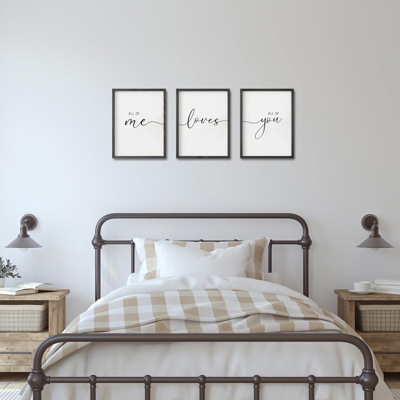 Set of 3 Framed Farmhouse All of Me Loves All of You Sign 11x14” Above Bed Wall Decor for Bedroom Decor Wall Art Wood Signs (Black, 16"x24")