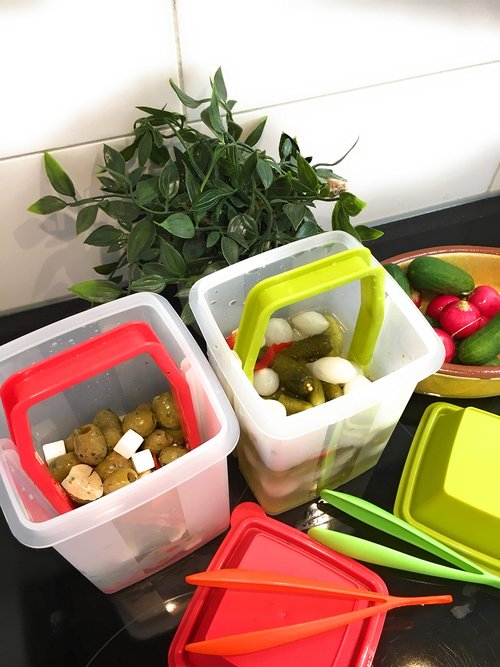 BloxBerry Pickle Jar with Strainer Insert - Set of 2 - Plastic Leak Proof Food Saver Container - For Fresh Fruit or Pickled Vegetables - Complete with Tongs