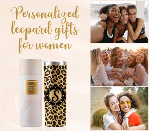 Onebttl Personalized Leopard Cup with Initial - Unique Gifts for Women Who Have Everything on Birthday, Christmas - 20 oz Double-Wall Vacuum Tumbler with Lid and Straw - Golden Glitter - Letter M