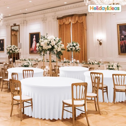 HolidayIdeas White Spandex 72in Round Table Cloths for Wedding, 6ft Fitted Stretch Table Skirts 132 Inch, Wrinkle-Free Ruffle Design Tablecloths for Banquets,Trade Shows, Parties, Events, 4 Pack