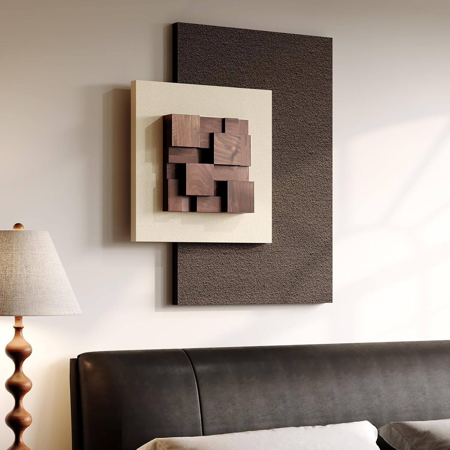 Skiennix 3D Wood Textured Wall Art - Modern Beige & Brown Geometric Design | Large Abstract Decor for Living Room, Bedroom & Office
