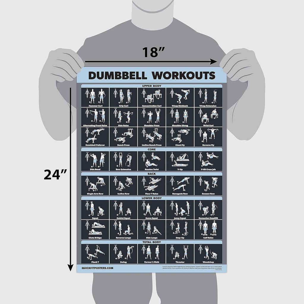 Palace Learning Dumbbell & Barbell Workout Poster Set - Laminated 2 Chart Set, 18” x 24”