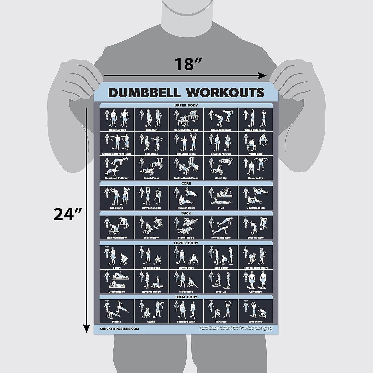 Palace Learning Dumbbell & Barbell Workout Poster Set - Laminated 2 Chart Set, 18” x 24”