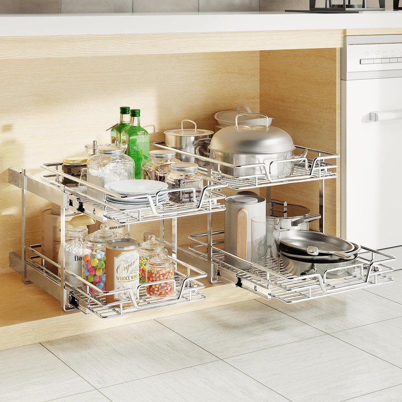 QUYUWU 2-Tier Kitchen Cabinet Pull Out Shelf and Drawer Organizer Slide Out Pantry Storaqe Basket in Multiple Sizes (10.7x 21 D)