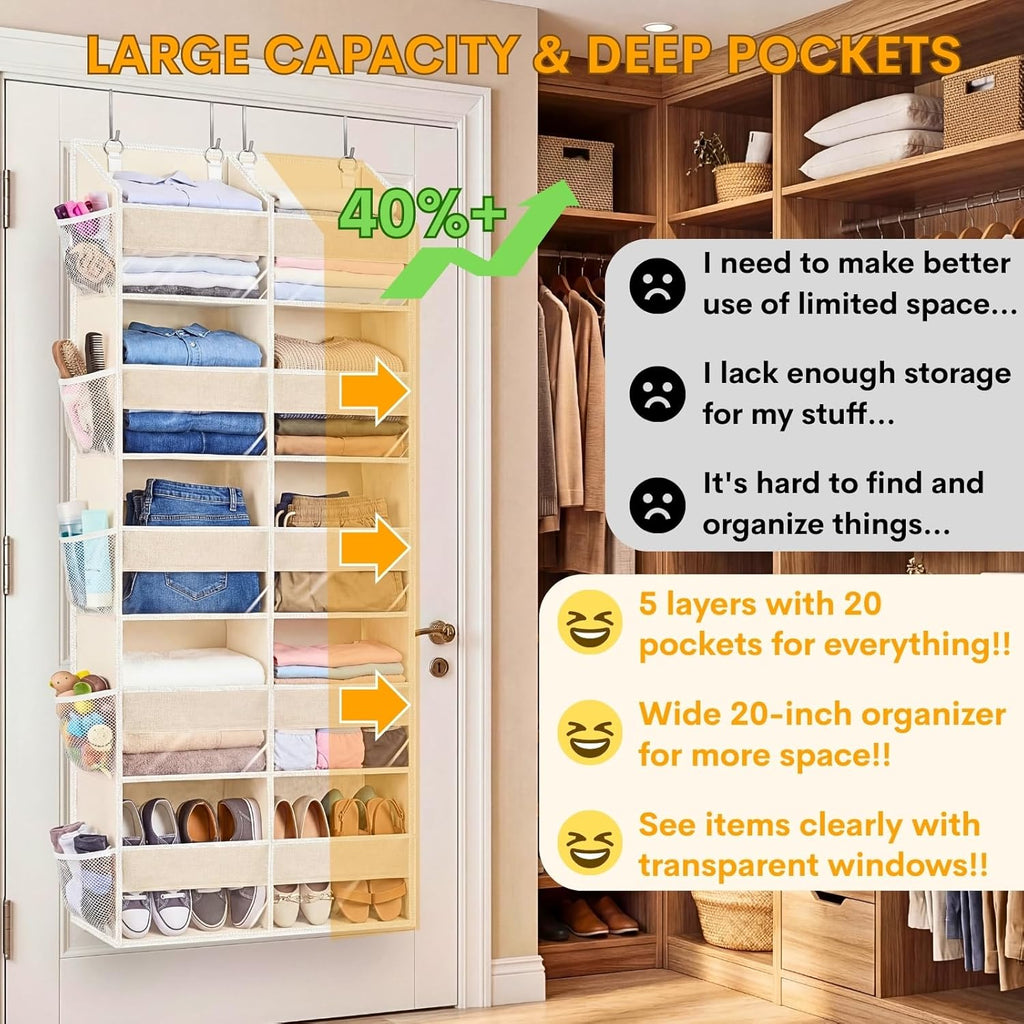 Ofiray-Home Over The Door Organizer - Extra Large 5-Tier Storage with 10 Compartments | Beige, 80 lbs Capacity