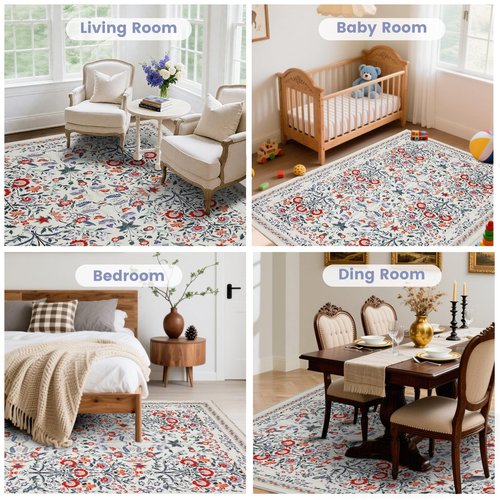 Area Rug Washable Rug Runner, 2X10 Hallway Runner Rugs for Bedroom Floral Boho Carpet Ultra-Thin Soft Kitchen Mats for Floor, Non-Slip Stain Rugs for Living Room, Entryway, Kitchen, Beige and Red