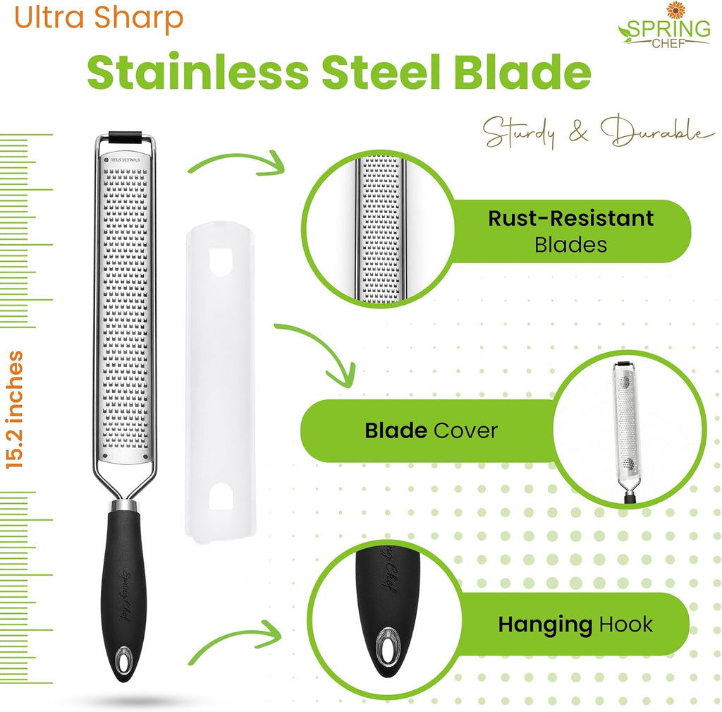 Spring Chef Stainless Steel Lemon Zester Grater - Heavy Duty Citrus Tool with Handle | Fine Shred, Black