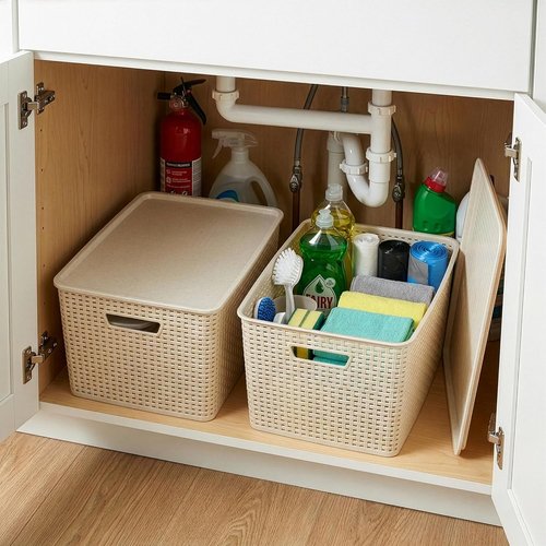 BINO Plastic Storage Baskets with Lids - 33 Liter | 3 Pack Natural | Ideal for Organizing Shelves