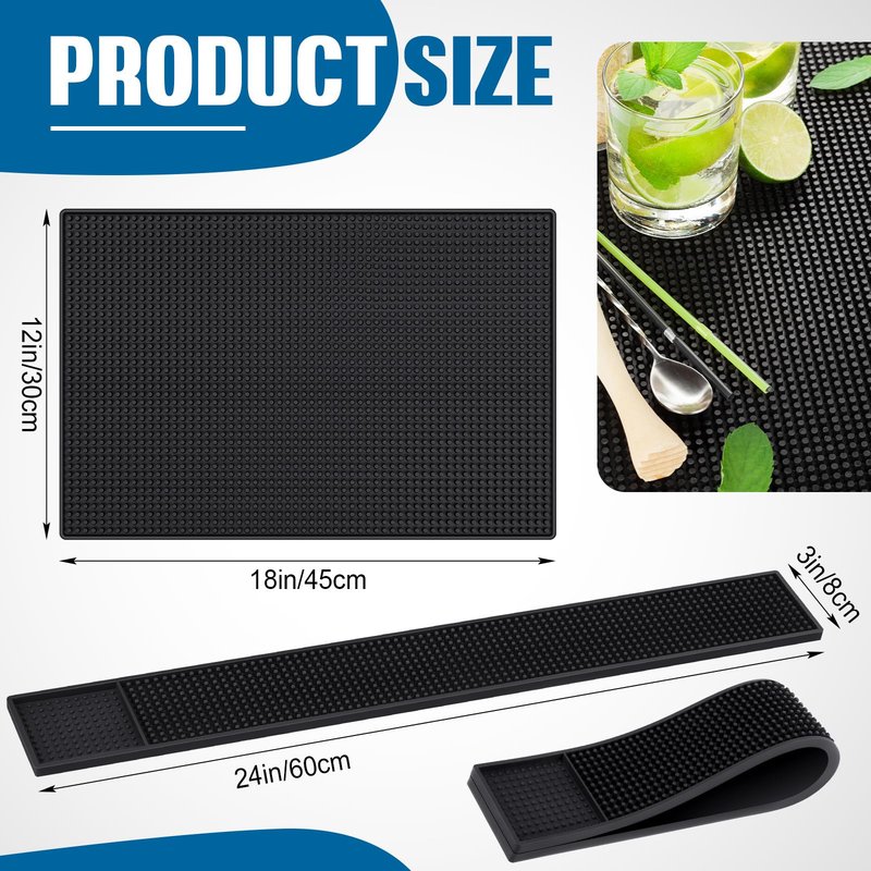 Jingmore 4 Pcs Thick Rubber Bar Mats for Bartending, Durable Non-Slip Spill Mat for Countertop, Home Kitchen, Coffee Bars, and Restaurants Accessories, Black(18" X 12"+24" X 3")