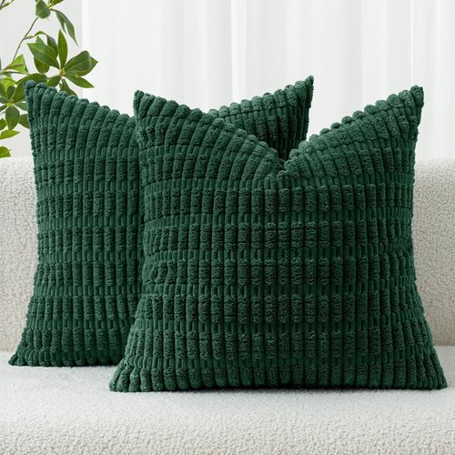 MIULEE Dark Green Corduroy Pillow Covers - Soft Boho Striped Design | 20x20 Inch for Modern Home Decor