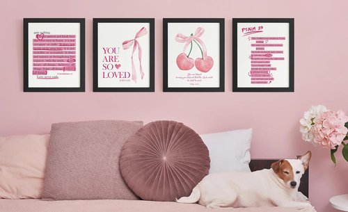 **DSHFG Cute Preppy Pink Bow Bible Verses Wall Decor - Set of 4 Christian Prints for Teen Girls 8x10**