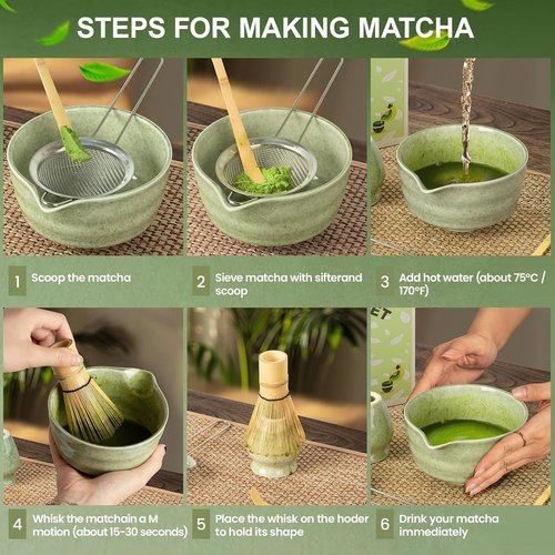 Dayacoco Matcha Whisk Set - Complete 5-Piece Ceramic Kit with Bowl, Whisk, Scoop & Sifter | Perfect Gift for Matcha Lovers (Green)
