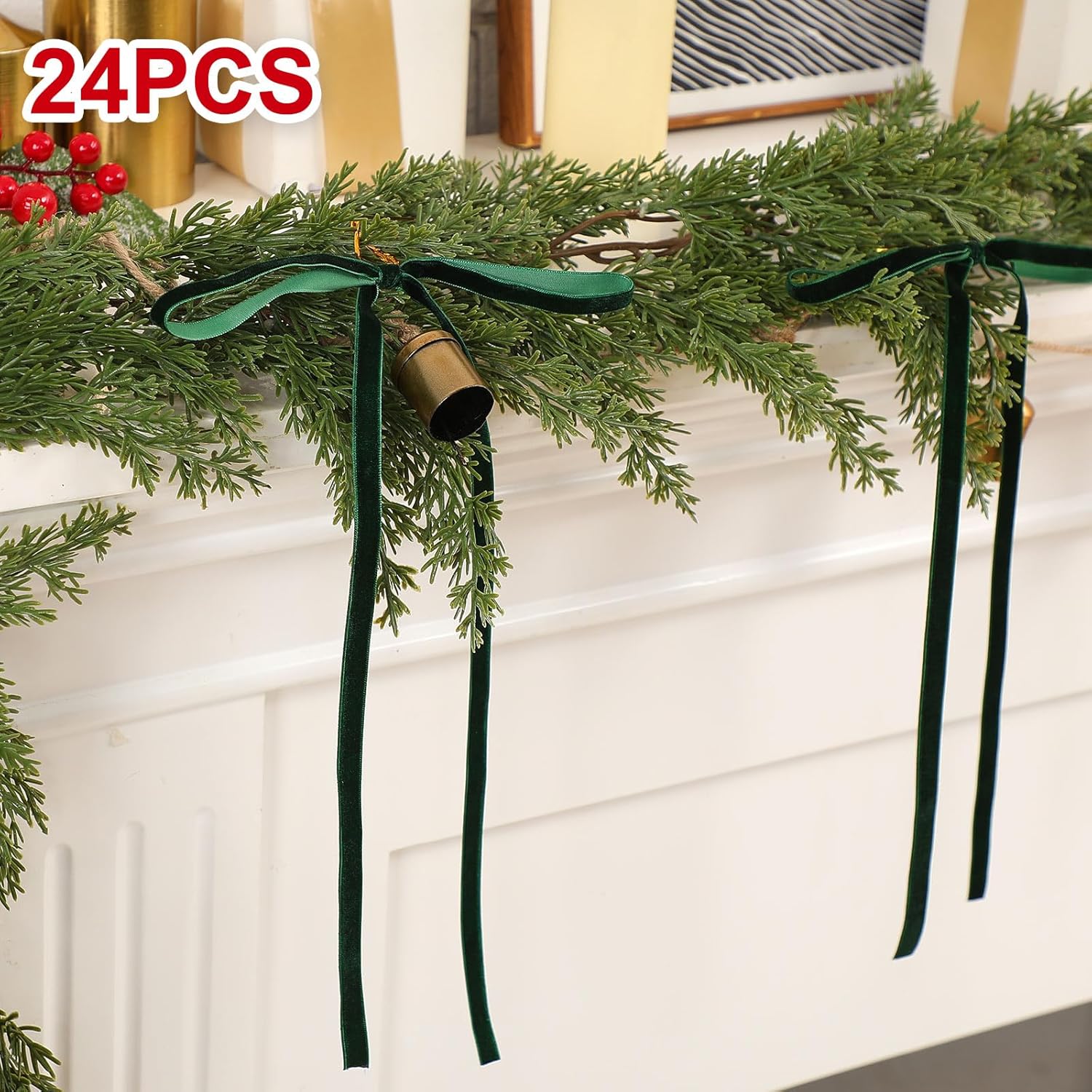 Skiennix 24 Pcs Velvet Bows - Vintage Ribbon Bows for Christmas Tree & Crafts | Dark Green, 9 x 13 Inch