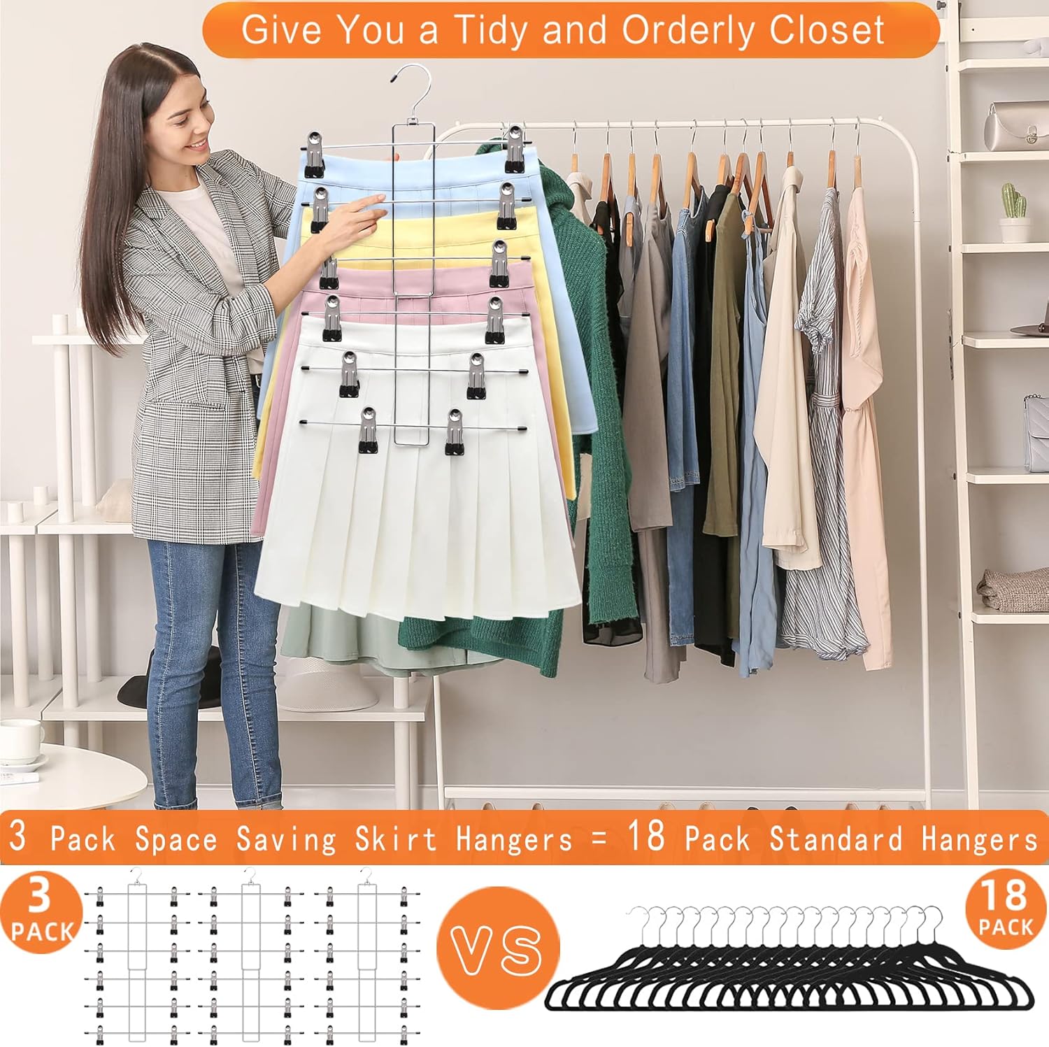 Skiennix 3-Pack Pants Hangers - Space-Saving 6-Tier Closet Organizers with Clips for Clothes Storage | Essential College Dorm Decor