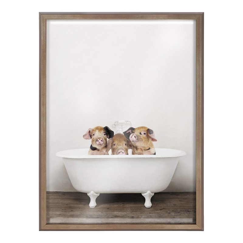 Kate and Laurel Blake Three Little Pigs in Vintage Bathtub Framed Printed Glass Wall Art by Amy Peterson Art Studio, 18x24 Gold, Adorable Animal Art for Wall