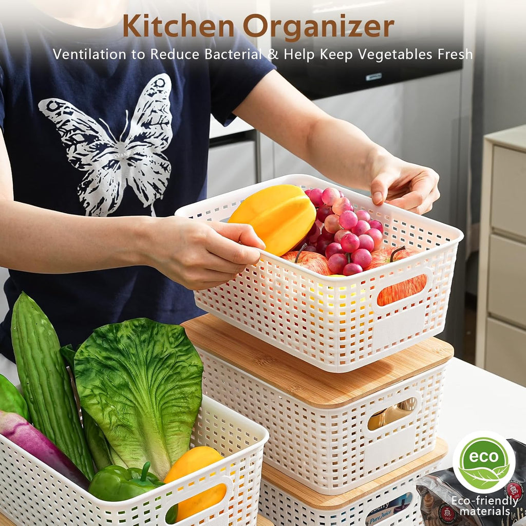 Skiennix 8-Pack Plastic Storage Bins - Stackable Baskets with Bamboo Lids for Pantry Organization