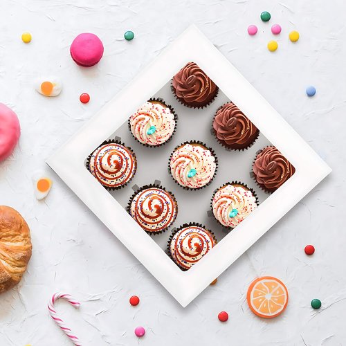 POPUFUN 9-Count White Cupcake Boxes with Window and Insert, 9x9x3 Inch, Set of 8, Suitable for Cupcakes, Muffins, and Cookies