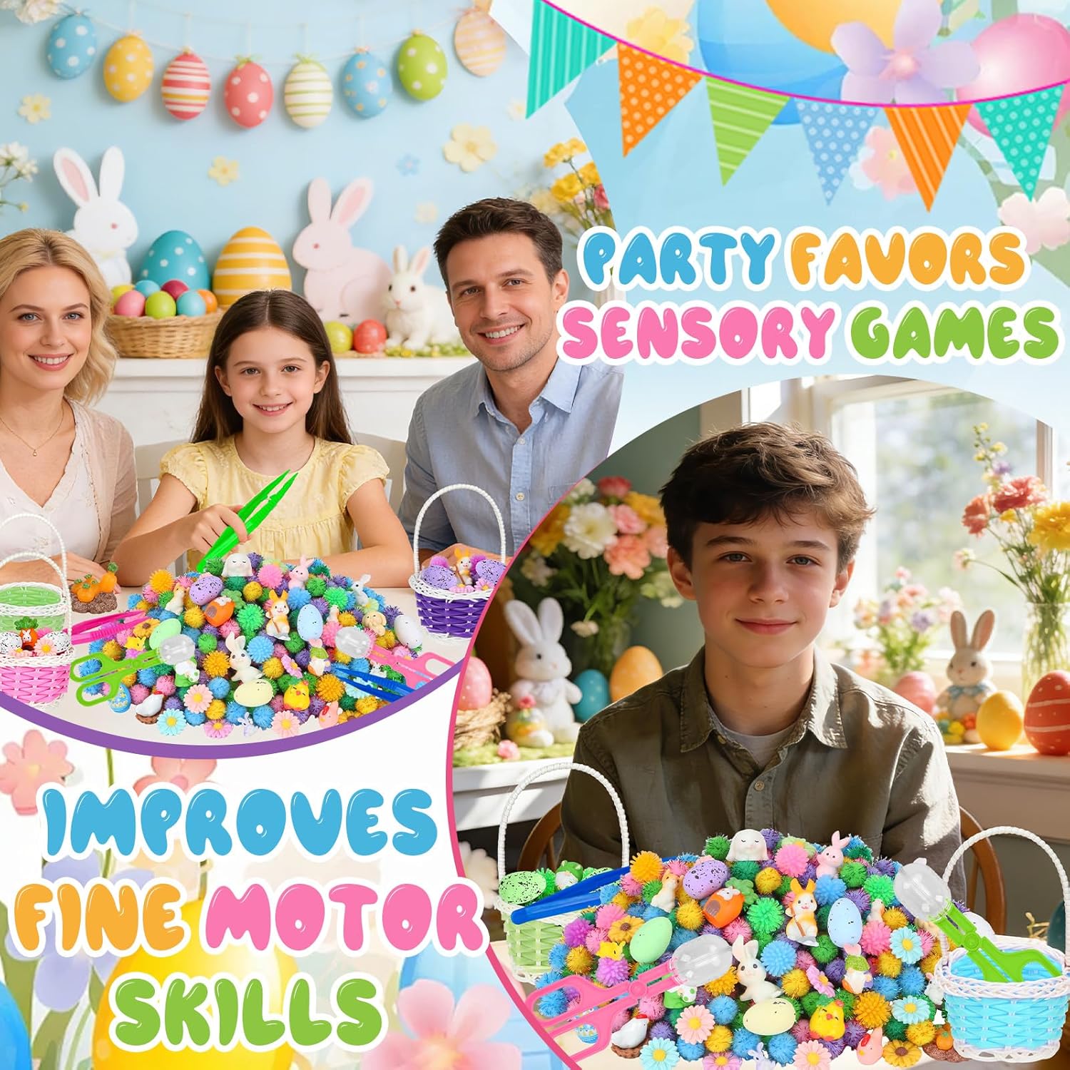 Spring Sensory Bin Filler by Easter - 287 Pcs with Eggs, Bunnies, Felt Flowers & Pom Poms for Counting & Sorting