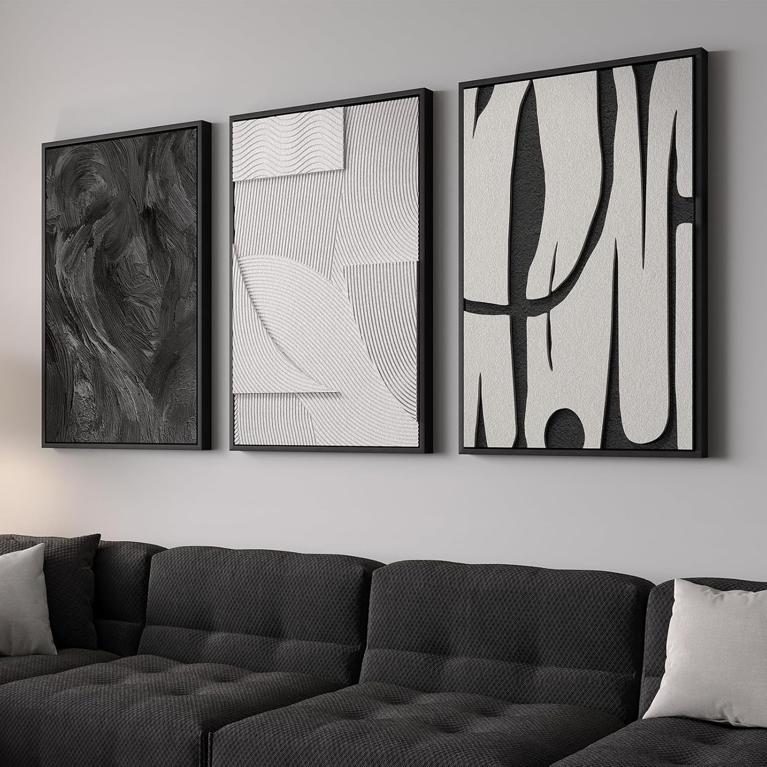 Skiennix 3D Textured Black and White Wall Art - Modern 3 Piece Framed Artwork for Living Room | 24x36 In