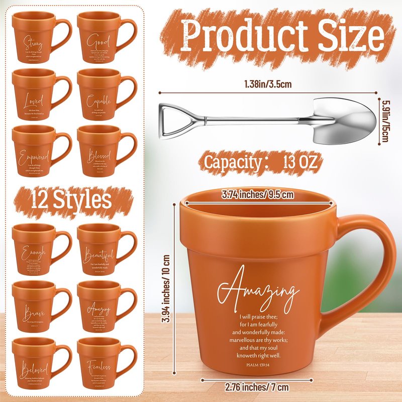 Reallnaive 12 Pcs Mother's Day Christian Gifts for Women 11oz Flowerpot Bible Verse Coffee Mugs with Shovel Spoons Bulk Religious Gifts for Mom Grandma Church Pastor Sunday School Teacher Team(Pray)