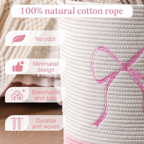 Honeydak Pink Laundry Basket - Coquette Cotton Rope Hamper for Girls' Room | 15 x 17.7 Inches Storage Solution