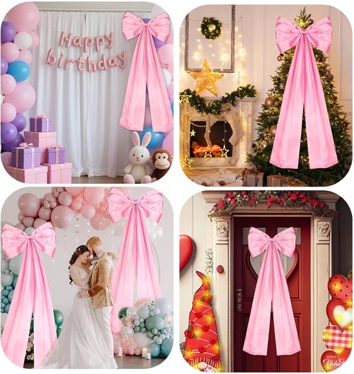 Giant Pink Bow | Double-Layer Satin Christmas Tree Topper & Room Decor | 24 x 42 Inches