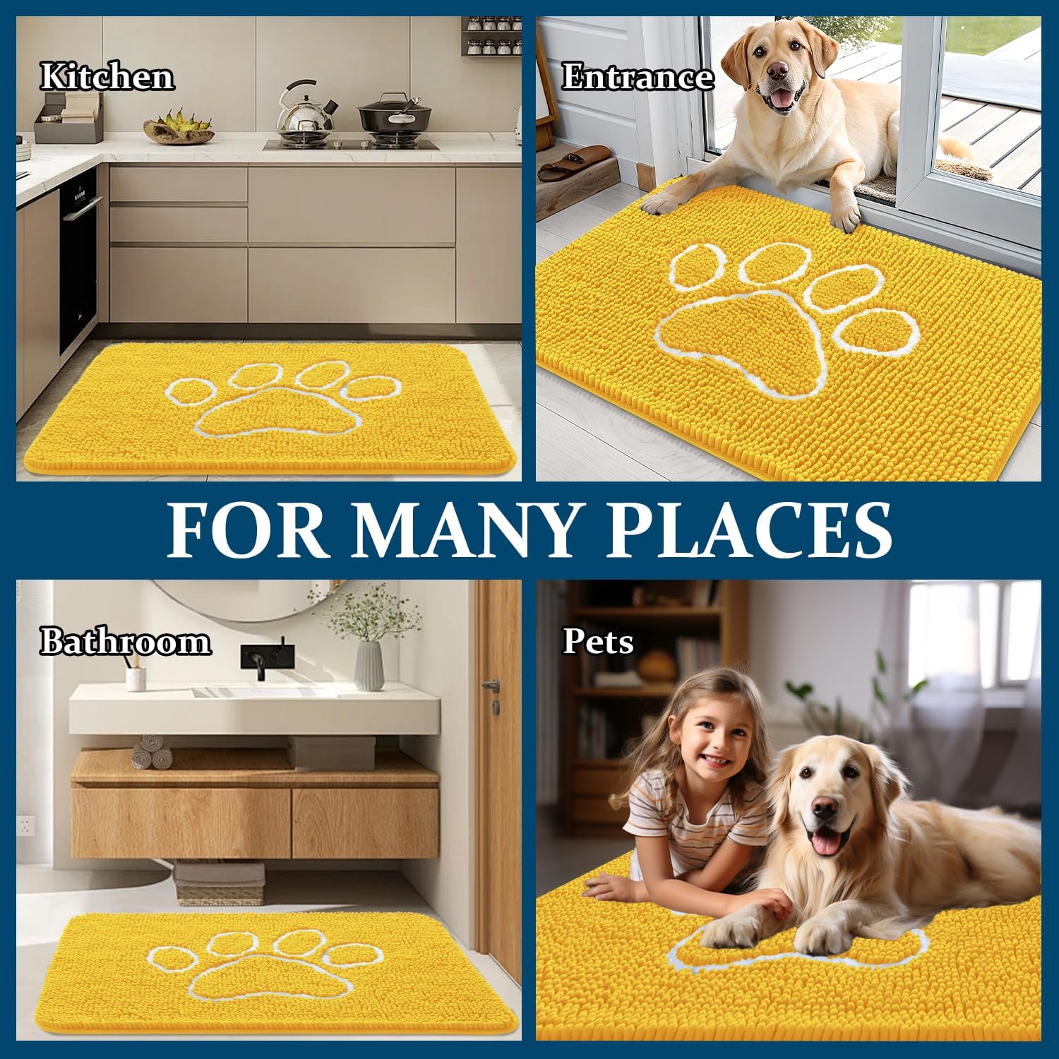 OLANLY Dog Door Mat - Absorbent Non-Slip Mud Mat for Paws | 36x24 Yellow Chenille Design