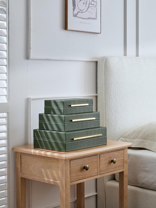Goodinough Green Shagreen Decorative Boxes with Lids Set of 3 - Large Leather Stacking Storage Boxes for Home Decor, Gold Metal Handle Remote Control Box, Modern Jewelry Box for Shelves, Coffee Table