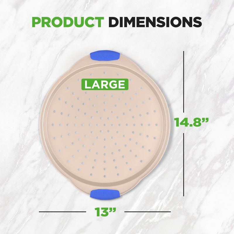 NutriChef 13-Inch Non-Stick Pizza Tray - with Silicone Handle, Round Steel Non-stick Pan with Perforated Holes, Premium Bakeware, Pizza Tray with Extended Handles, Dishwasher Safe - Champagne Gold