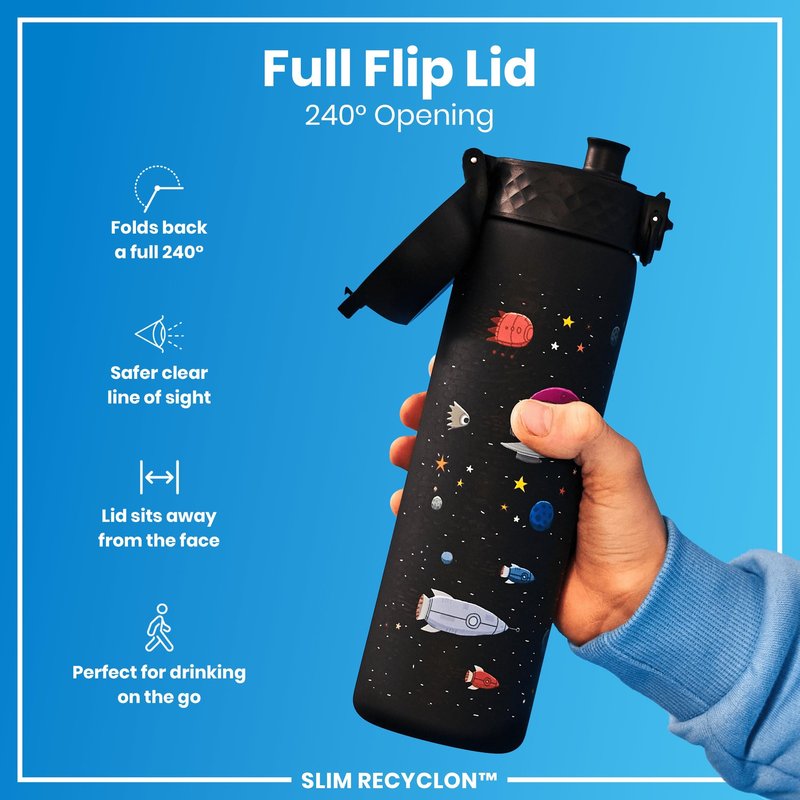 Ion8 Water Bottle, 500 ml/18 oz, Leak Proof, Easy to Open, Secure Lock, Dishwasher Safe, BPA Free, Hygienic Flip Cover, Carry Handle, Easy Clean, Odor Free, Carbon Neutral, Black, Spaceships Design