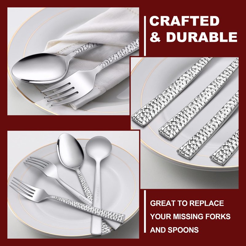 E-far 24-Piece Hammered Forks and Spoons Silverware Set, Stainless Steel Square 12 Dinner Forks and 12 Dinner Spoons, Modern Metal Flatware Cutlery for Kitchen and Restaurant, Dishwasher Safe-7.9 Inch