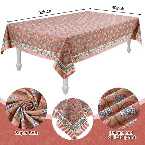 Newtay 60'' x 90'' Cotton Tablecloth Handmade Cotton Floral Tablecloth Washable Print Rectangle Table Cover with Dust Proof Wrinkle Resistant for Kitchen Dining Party Buffet (Pink,Dark Salmon)