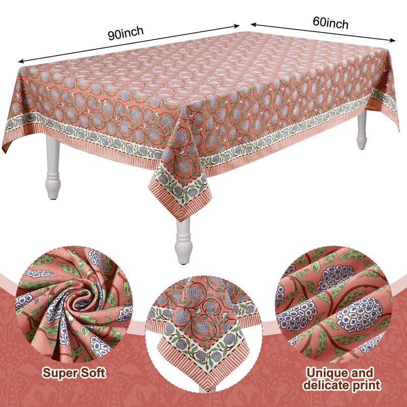 Newtay 60'' x 90'' Hand Block Print Mahjong Table Cloth Square Cotton Floral Tablecloth Washable Print Rectangle Table Cover with Dust Proof for Kitchen Dining Party(60'' X 90'',Dark Salmon,Pink)