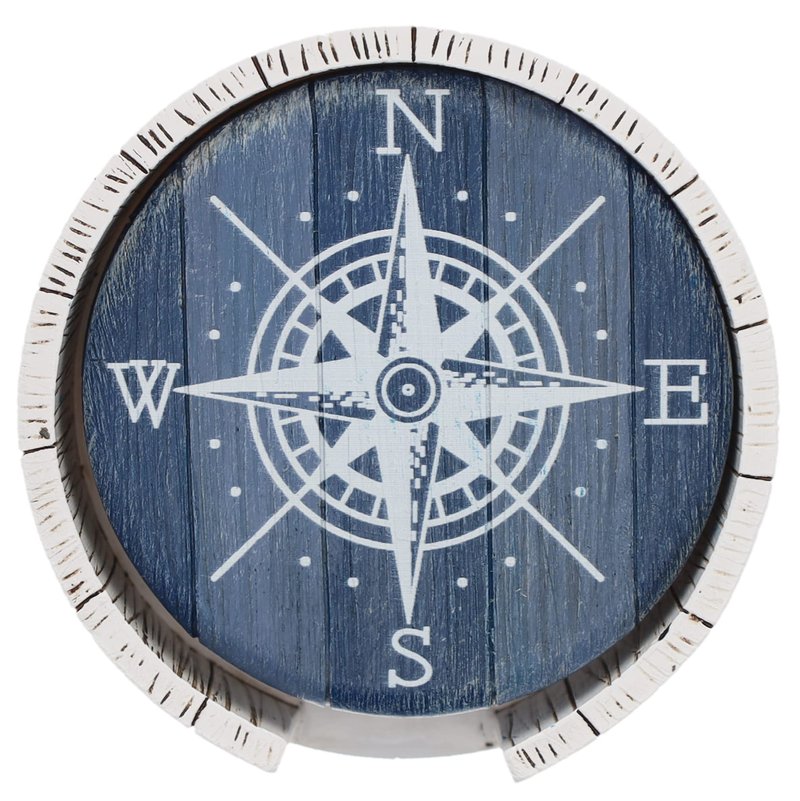 Compass Rose Coaster Set - Nautical Ocean Beach Boat Coastal Decor - Rustic Weathered Blue/White Finish